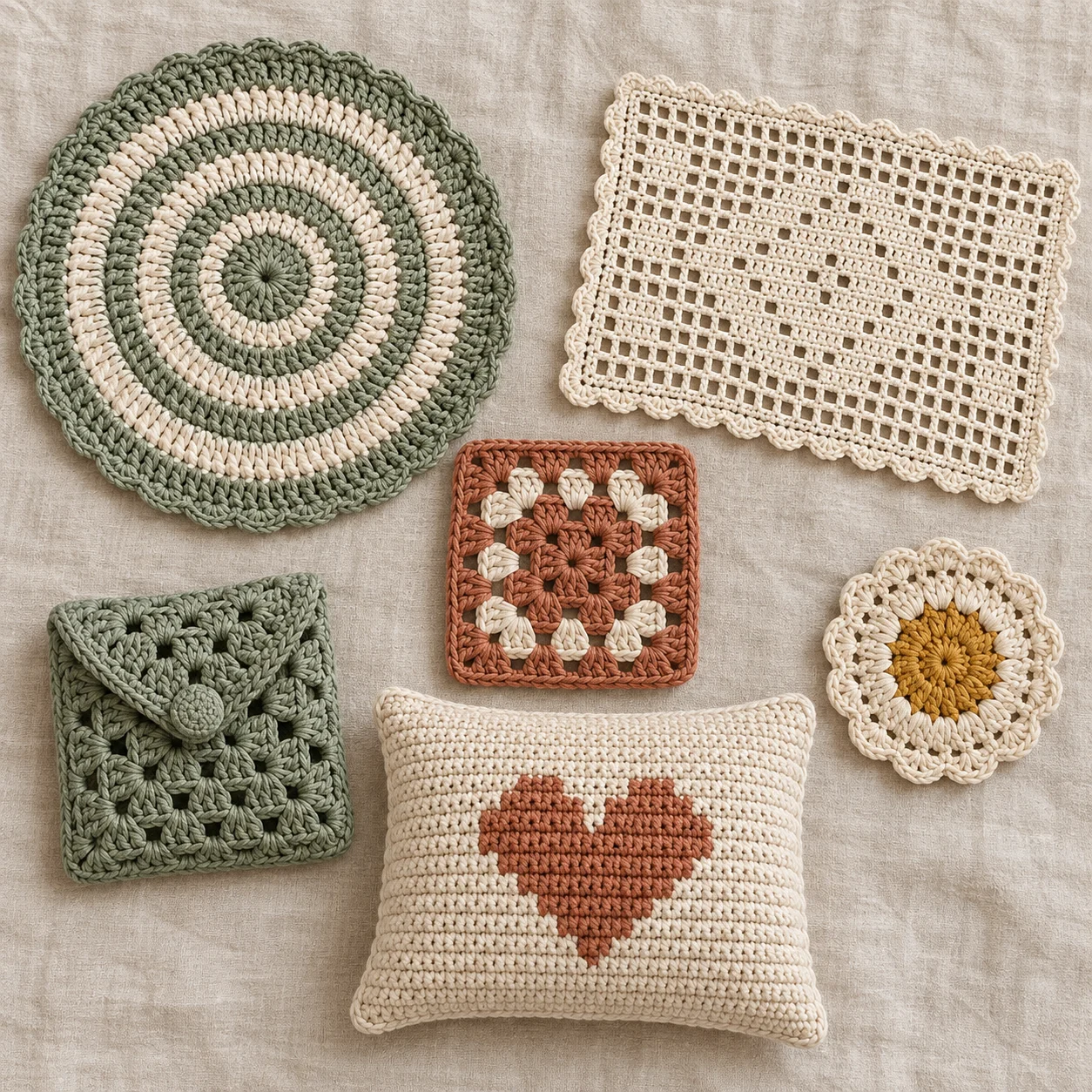 Composição ilustrativa de sousplat, filé, squares, flor e almofada de crochê em sálvia, creme e terracota