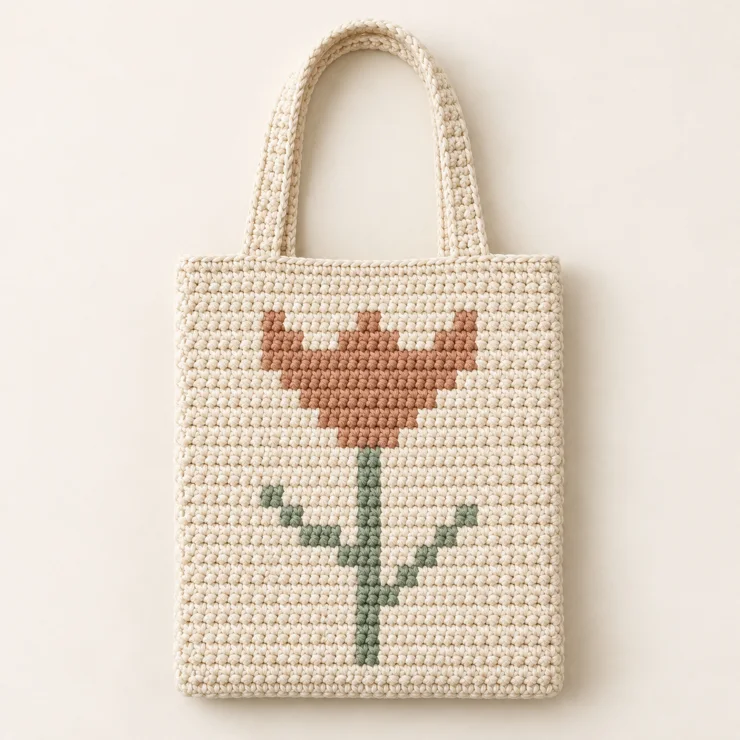 Simulação ilustrativa do modelo Bolsa Tulipa em crochê